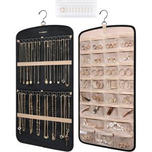 BAGSMART Hanging Jewelry Organizer, Necklace Holder Anti-tangle Earrings Rings Hanger with 10 Jewelry Bags Travel Storage Roll with Pockets Hang on Closet, Wall, Door,1 Piece, Small, Black(Black)