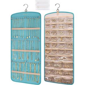 BAGSMART Hanging Jewelry Organizer, Necklace Holder Anti-tangle Earrings Rings Hanger with 10 Jewelry Bags Travel Storage Roll with Pockets Hang on Closet, Wall, Door,1 Piece, Small, Black(Teal)
