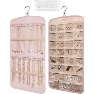 BAGSMART Hanging Jewelry Organizer, Necklace Holder Anti-tangle Earrings Rings Hanger with 10 Jewelry Bags Travel Storage Roll with Pockets Hang on Closet, Wall, Door,1 Piece, Small, Black(Pink)