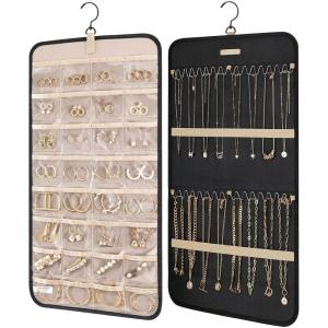 BAGSMART Hanging Jewelry Organizer Storage Roll with Hanger Metal Hooks Double-Sided Jewelry Holder for Earrings, Necklaces, Rings on Closet, Wall, Door, 1 piece, Medium, Black(Black)
