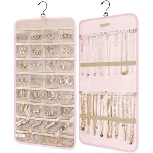 BAGSMART Hanging Jewelry Organizer Storage Roll with Hanger Metal Hooks Double-Sided Jewelry Holder for Earrings, Necklaces, Rings on Closet, Wall, Door, 1 piece, Medium, Black(Pink)