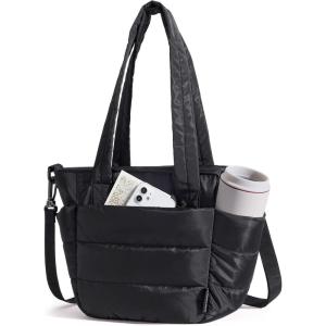 BAGSMART Lunch Bag Women Small Insulated Tote with Lunch Compartment Quilted Lightweight Puffy Tote Bag for Work, Travel, Outdoor, Pink(01-black)
