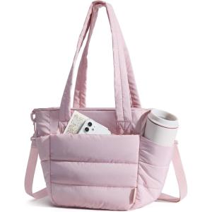 BAGSMART Lunch Bag Women Small Insulated Tote with Lunch Compartment Quilted Lightweight Puffy Tote Bag for Work, Travel, Outdoor, Pink(02-Pink)