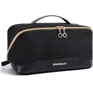 BAGSMART Makeup Bag Cosmetic Bag, Travel Makeup Bag,Water-resistent Makeup Bags for Women Portable Pouch Open Flat Make Up Organizer Bag for Toiletries, Brushes, Pink(Black)