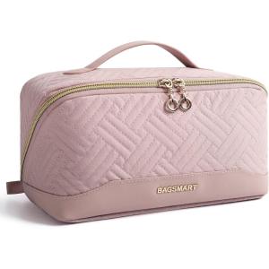 BAGSMART Makeup Bag Cosmetic Bag, Travel Makeup Bag,Water-resistent Makeup Bags for Women Portable Pouch Open Flat Make Up Organizer Bag for Toiletries, Brushes, Pink(Pink)