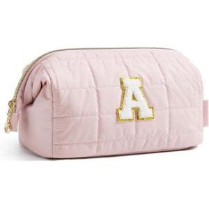 BAGSMART Makeup Bag Travel Toiletry Bag, Puffy Padded Make Up Bags for Women Makeup Organizer Case, Wide-open Pouch Purse Travel Essentials Toiletries Accessories Brushes, Pink(23-Letter A)