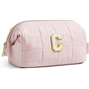 BAGSMART Makeup Bag Travel Toiletry Bag, Puffy Padded Make Up Bags for Women Makeup Organizer Case, Wide-open Pouch Purse Travel Essentials Toiletries Accessories Brushes, Pink(25-Letter C)