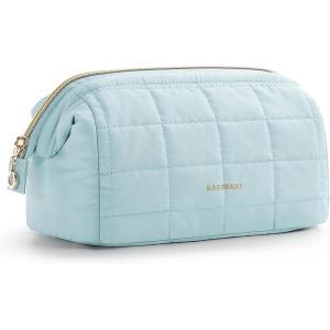 BAGSMART Makeup Bag Travel Toiletry Bag, Puffy Padded Make Up Bags for Women Makeup Organizer Case, Wide-open Pouch Purse Travel Essentials Toiletries Accessories Brushes, Pink(05-Blue)