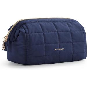 BAGSMART Makeup Bag Travel Toiletry Bag, Puffy Padded Make Up Bags for Women Makeup Organizer Case, Wide-open Pouch Purse Travel Essentials Toiletries Accessories Brushes, Pink(07-Navy Blue)