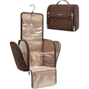 BAGSMART Makeup Bag for Women with Hanging Hook – Portable Cosmetic Case, Large Capacity Door Room Essentials Travel Organizer for Full Sized Cosmetics and Toiletries, Black(Tan Brown)