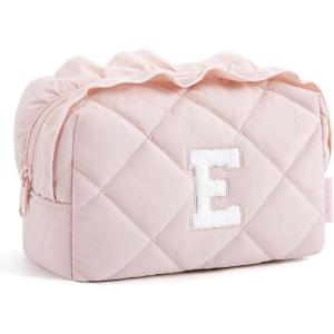 BAGSMART Puffy Makeup Bag, Wide Opening Cosmetic Bag Compact & Spacious, Water-Resistant Travel Organizer Pouches for Women (Baby Pink)(03-Initial-E-Pink)