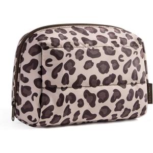 BAGSMART Puffy Makeup Bag, Wide Opening Cosmetic Bag Compact & Spacious, Water-Resistant Travel Organizer Pouches for Women (Baby Pink)(Leopard Print)