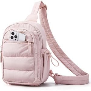 BAGSMART Small Sling Bag for Women, Puffer Crossbody Bag Purses Hobo Handbag Fanny Packs for Travel Hiking(Pink)