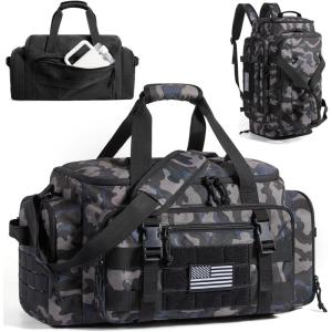 BAGSMART Tactical Gym Bag for Men, 22L Duffle Bag for Travel with Shoe Compartment, 4 in 1 Personal Item Tactical Backpack with 40oz Water Bottle Holder (A-Military Black)(B-Forest Camo)