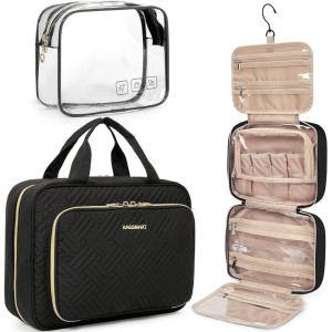 BAGSMART Toiletry Bag Hanging Travel Makeup Organizer with TSA Approved Transparent Cosmetic Bag Makeup Bag for Full Sized Toiletries, Medium-Pink(Black)