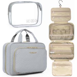 BAGSMART Toiletry Bag Hanging Travel Makeup Organizer with TSA Approved Transparent Cosmetic Bag Makeup Bag for Full Sized Toiletries, Medium-Pink(Grey)