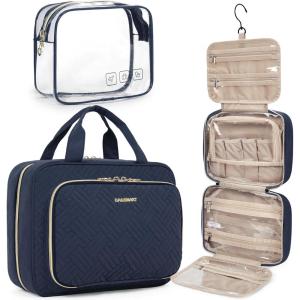 BAGSMART Toiletry Bag Hanging Travel Makeup Organizer with TSA Approved Transparent Cosmetic Bag Makeup Bag for Full Sized Toiletries, Medium-Pink(Navy)