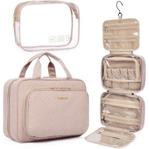 BAGSMART Toiletry Bag Hanging Travel Makeup Organizer with TSA Approved Transparent Cosmetic Bag Makeup Bag for Full Sized Toiletries, Medium-Pink(Pink)