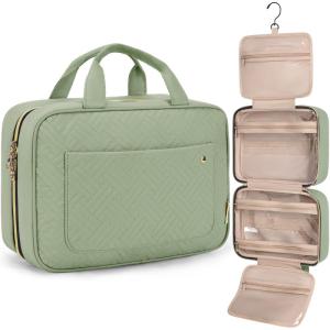 BAGSMART Toiletry Bag Travel Bag with Hanging Hook, Water-resistant Makeup Cosmetic Bag Travel Organizer for Accessories, Shampoo, Full-size Container, Toiletries (Baby Pink, Medium)(Green)