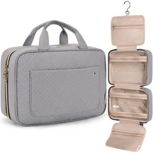 BAGSMART Toiletry Bag Travel Bag with Hanging Hook, Water-resistant Makeup Cosmetic Bag Travel Organizer for Accessories, Shampoo, Full-size Container, Toiletries (Baby Pink, Medium)(Grey)