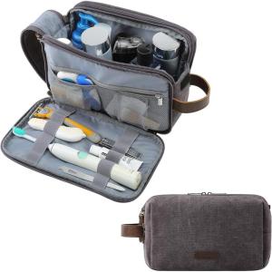 BAGSMART Toiletry Bag for Men, Canvas Travel Toiletry Organizer Dopp Kit Water-resistant Shaving Bag for Toiletries Accessories,Navy Blue-Medium(Grey)