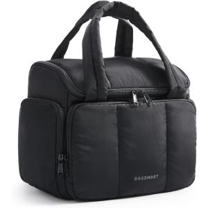 BAGSMART Toiletry Bag for Women with Dual-Padded Handles, Puffy Lightweight Makeup Bag for Makeup Accessories, Brushes Set, Travel-Sized Container, Camel(Jet Black)