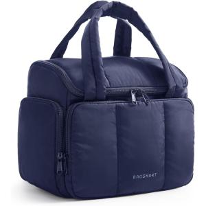 BAGSMART Toiletry Bag for Women with Dual-Padded Handles, Puffy Lightweight Makeup Bag for Makeup Accessories, Brushes Set, Travel-Sized Container, Camel(Navy Blue)