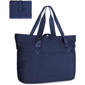 BAGSMART Tote Bag for Women, Foldable Tote Bag With Zipper Travel Large Shoulder Bag Handbag for Work-16.5”l X 6”wx 14”h(B-navy Blue-16.5”l X 6”wx 14”h)