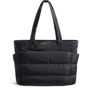 BAGSMART Tote Bag for Women, Lightweight Puffy Tote Bag with Compartments Shoulder Bag Handbag for Travel, Work, Gym(Black)