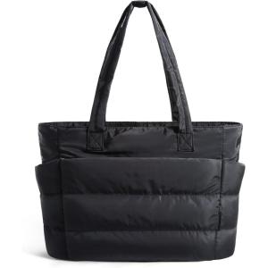 BAGSMART Tote Bag for Women, Lightweight Puffy Tote Bag with Compartments Shoulder Bag Handbag for Travel, Work, Gym(Black-small Size)
