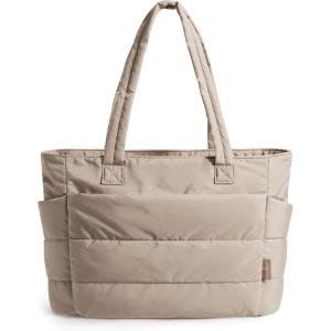 BAGSMART Tote Bag for Women, Lightweight Puffy Tote Bag with Compartments Shoulder Bag Handbag for Travel, Work, Gym(Grayish Brown-small Size)