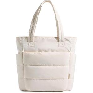 BAGSMART Tote Bag for Women, Lightweight Puffy Tote Bag with Compartments Shoulder Bag Handbag for Travel, Work, Gym(Slim Size-beige)