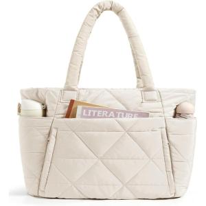 BAGSMART Tote Bag for Women, Puffy Tote Bag with Zipper, Large Quilted Shoulder Bag with Compartments for Travel, Work, Gym(A-beige)