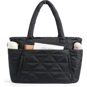 BAGSMART Tote Bag for Women, Puffy Tote Bag with Zipper, Large Quilted Shoulder Bag with Compartments for Travel, Work, Gym(B-black)