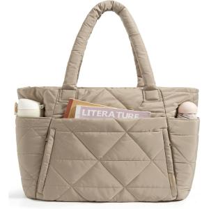 BAGSMART Tote Bag for Women, Puffy Tote Bag with Zipper, Large Quilted Shoulder Bag with Compartments for Travel, Work, Gym(C-grayish Brown)