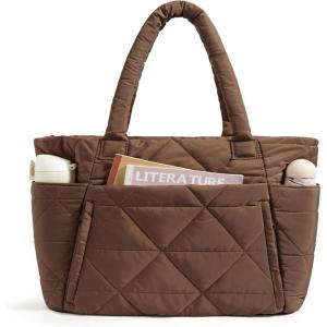 BAGSMART Tote Bag for Women, Puffy Tote Bag with Zipper, Large Quilted Shoulder Bag with Compartments for Travel, Work, Gym(Coffee)