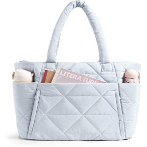 BAGSMART Tote Bag for Women, Puffy Tote Bag with Zipper, Large Quilted Shoulder Bag with Compartments for Travel, Work, Gym(D-gray-blue)