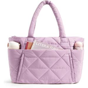 BAGSMART Tote Bag for Women, Puffy Tote Bag with Zipper, Large Quilted Shoulder Bag with Compartments for Travel, Work, Gym(E-purple)