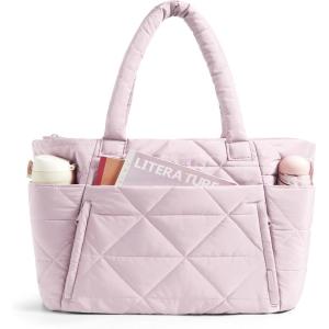 BAGSMART Tote Bag for Women, Puffy Tote Bag with Zipper, Large Quilted Shoulder Bag with Compartments for Travel, Work, Gym(F-pink)
