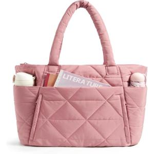 BAGSMART Tote Bag for Women, Puffy Tote Bag with Zipper, Large Quilted Shoulder Bag with Compartments for Travel, Work, Gym(G-dark Pink)