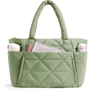 BAGSMART Tote Bag for Women, Puffy Tote Bag with Zipper, Large Quilted Shoulder Bag with Compartments for Travel, Work, Gym(Green)