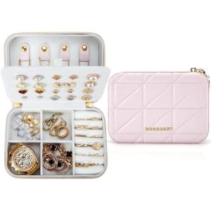 BAGSMART Travel Jewelry Box, Small PU Leather Jewelry Organizer, Portable Double Layer Case for Necklaces, Rings, Earrings, Bracelets, Pink(Pink)