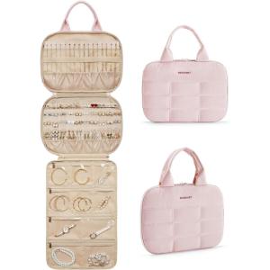 BAGSMART Travel Jewelry Case, Hanging Jewelry Organizer with Zipper Pockets, Large Capacity Puffy Jewelry Roll for Earrings, Necklaces, Rings on Closet, Wall, Door, Portable Travel Essentials, Pink