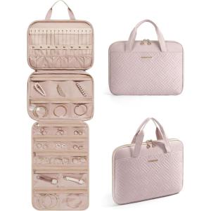 BAGSMART Travel Jewelry Case, Hanging Roll Jewelry Bag with Zipper Pockets Jewelry from Oxidation, Large Capacity for Earrings, Necklaces, Rings on Closet, Wall, Door, Portable Travel Essentials, Pink(Pink)