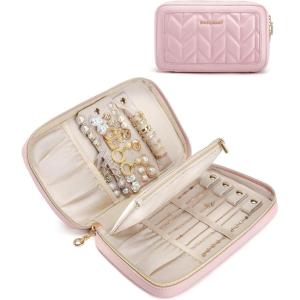 BAGSMART Travel Jewelry Case Jewelry Box Organizers and Storage Earings Holder Organizer for Women for Necklaces, Bracelets, Rings-Black(A-Pink)
