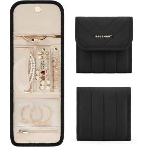 BAGSMART Travel Jewelry Organizer Case, Foldable Jewelry Roll for Necklaces, Earrings, Journey-Rings, Bracelets, Brooches, Portable, Pink(B-Black)