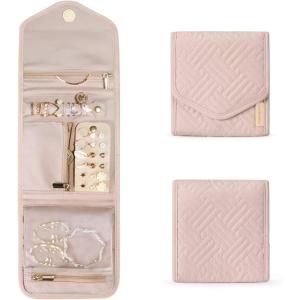 BAGSMART Travel Jewelry Organizer Case Foldable Small Jewelry Roll for Journey Rings, Necklaces, Earrings, Bracelets,Mini,Soft Pink(Soft Pink)