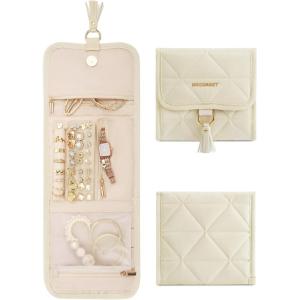 BAGSMART Travel Jewelry Organizer for Women, Foldable Jewelry Storage Roll for Earrings, Necklaces, Bracelets, Earrings, Brooches, Fashion Black(Beige)
