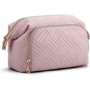 BAGSMART Travel Makeup Bag, Cosmetic Bag Make Up Organizer Case,Large Wide-open Pouch for Women Purse for Toiletries Accessories Brushes(A-1 Layer- Pink)