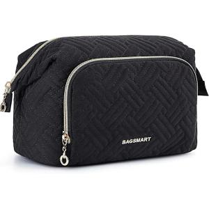 BAGSMART Travel Makeup Bag, Cosmetic Bag Make Up Organizer Case,Large Wide-open Pouch for Women Purse for Toiletries Accessories Brushes(C-1 Layer- Black)